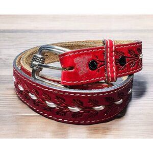 Dakota Belt Co. Red Leather Braided Belt With Intricate Leaf Design